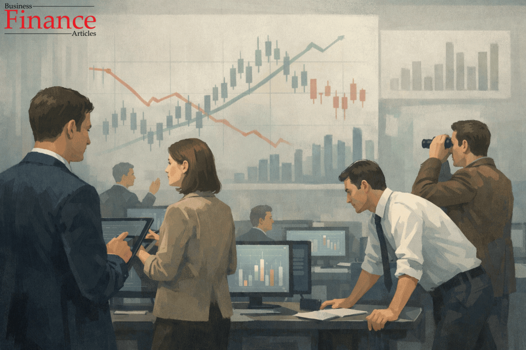 Stock market participants analyzing price movements on a traditional trading floor