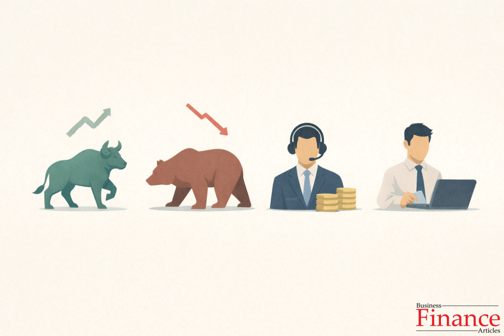 Different types of stock exchange speculators such as bull, bear, broker, and trader