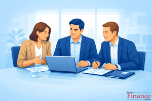 Flat vector infographic showing business partners collaborating in a partnership structure