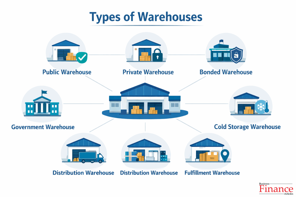 Types of warehouses including public, private, bonded, government, cold storage, distribution, and fulfillment warehouses