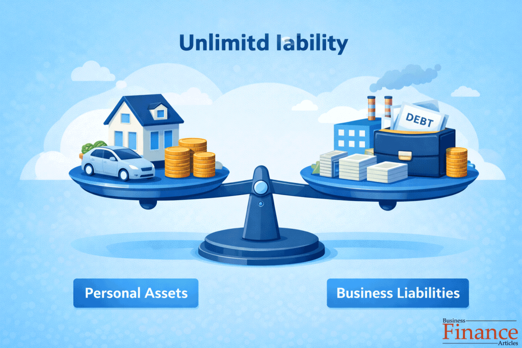 Infographic explaining unlimited liability in partnership with personal assets and business liabilities
