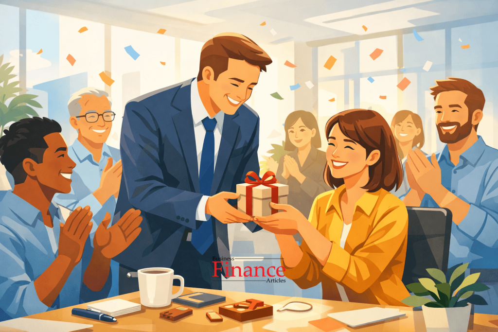 team celebrating employee appreciation day with manager giving gift