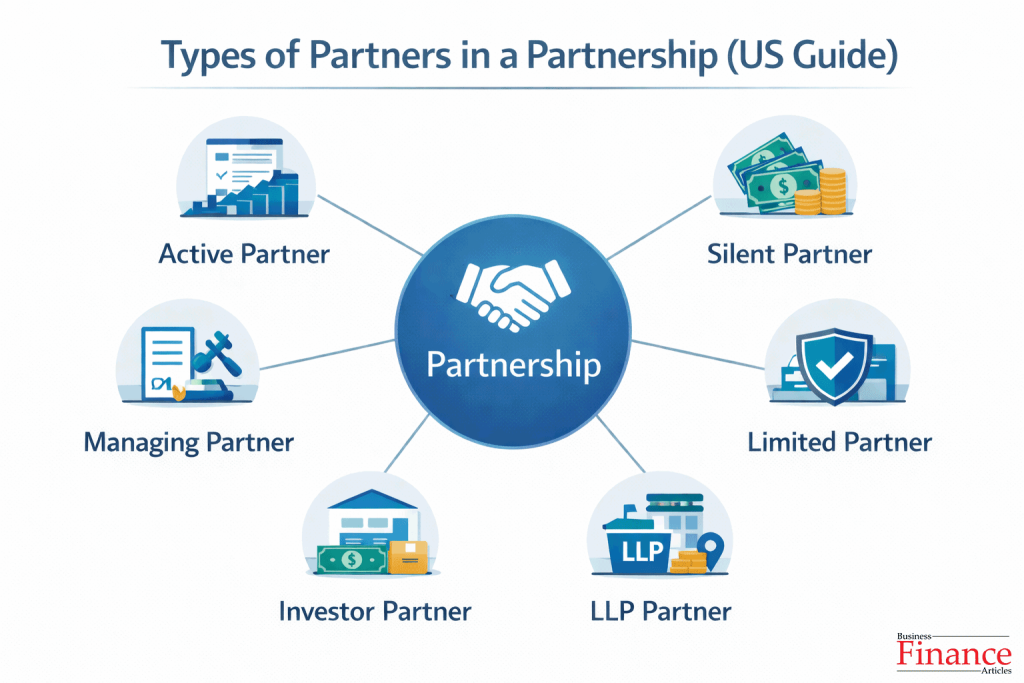Types of partners in a partnership including active, silent, limited, and LLP partners under US law
