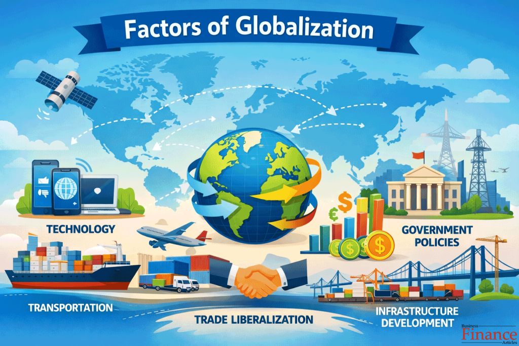 Factors of globalization including technology, trade, transportation, government policies, and infrastructure