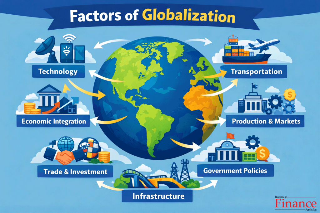 Diagram showing major factors of globalization such as technology, transportation, economic integration, government policies, and infrastructure