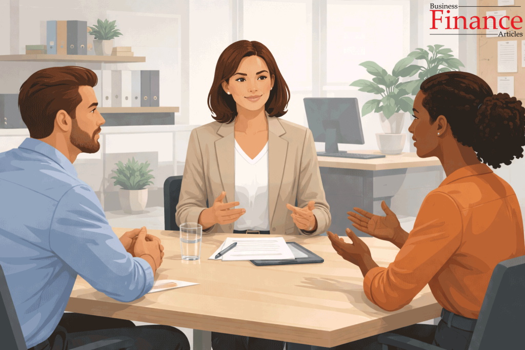 Human resource manager mediating a workplace conflict professionally