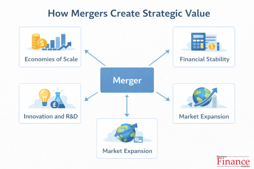 Diagram showing how mergers create strategic value through economies of scale, financial stability, market expansion, innovation, and competitive advantage