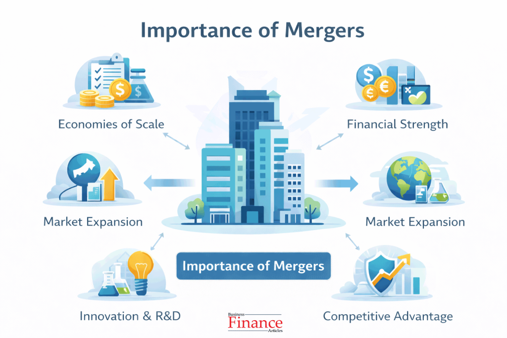 Importance of mergers in business showing economies of scale, financial strength, market expansion, innovation, and competitive advantage