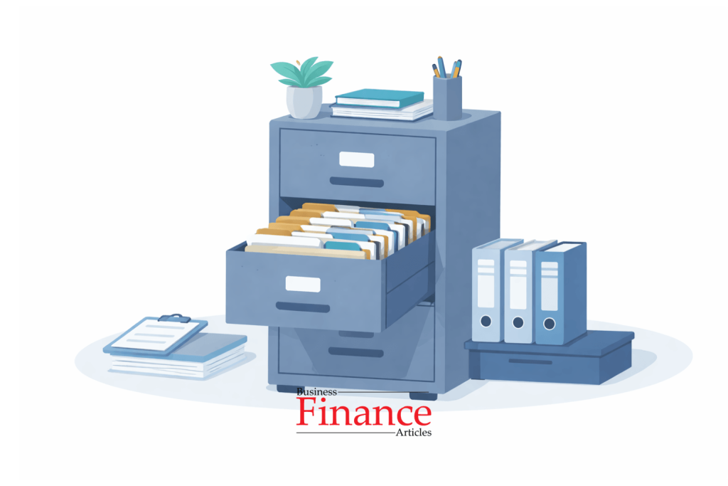 organized vertical filing system in office cabinet