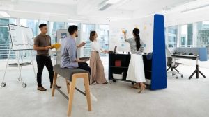 woman hand touch the white board and people look this whiten board