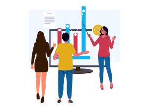 Glass on a table and business man using in a laptop