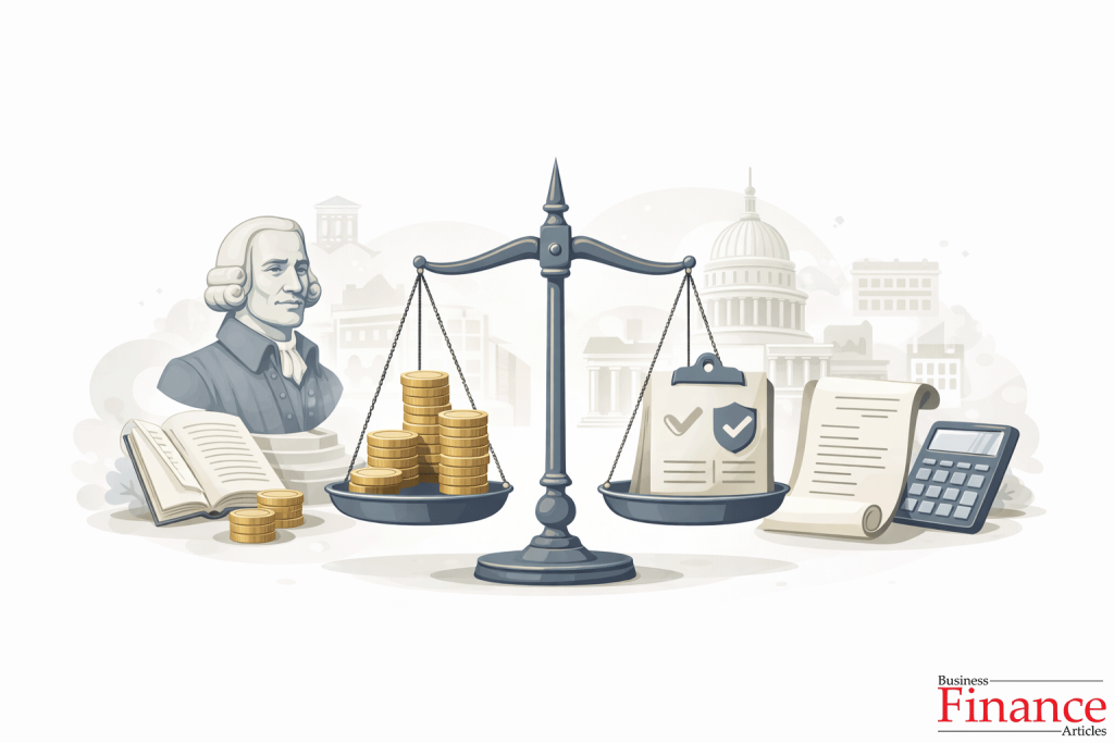 Classical economics illustration inspired by Adam Smith’s taxation principles showing balance scales, coins, and documents