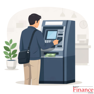 Person withdrawing cash from an ATM machine