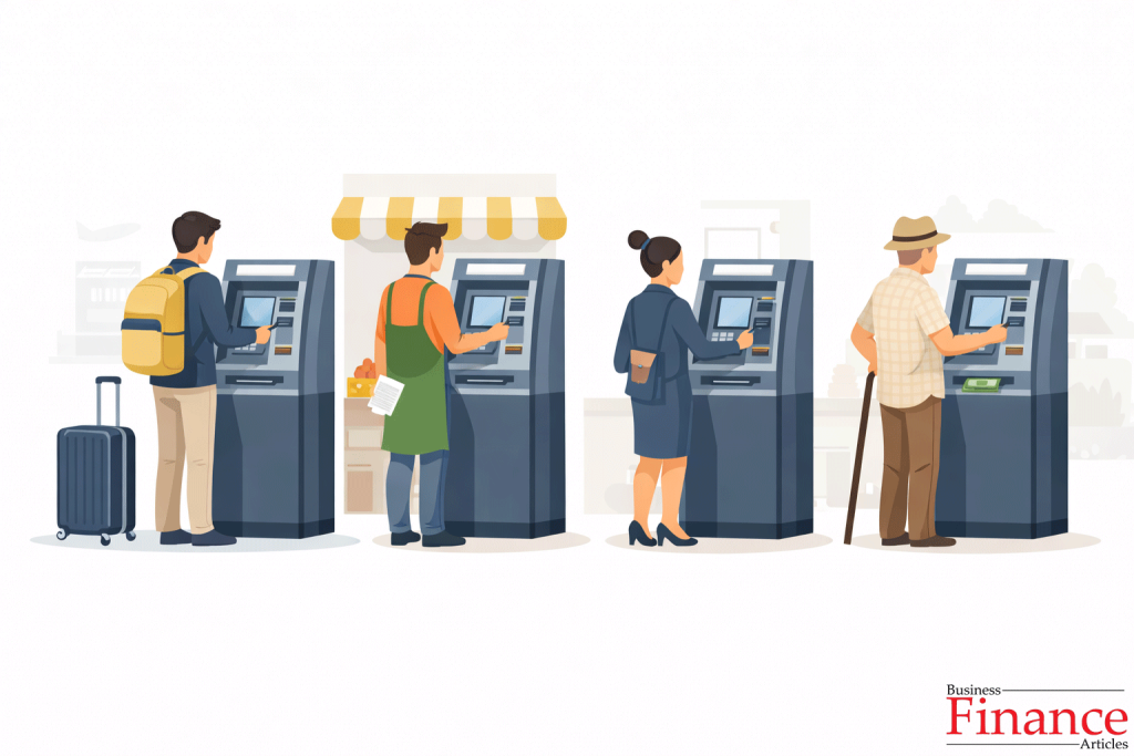 Different people using ATM machines including travelers and businesses