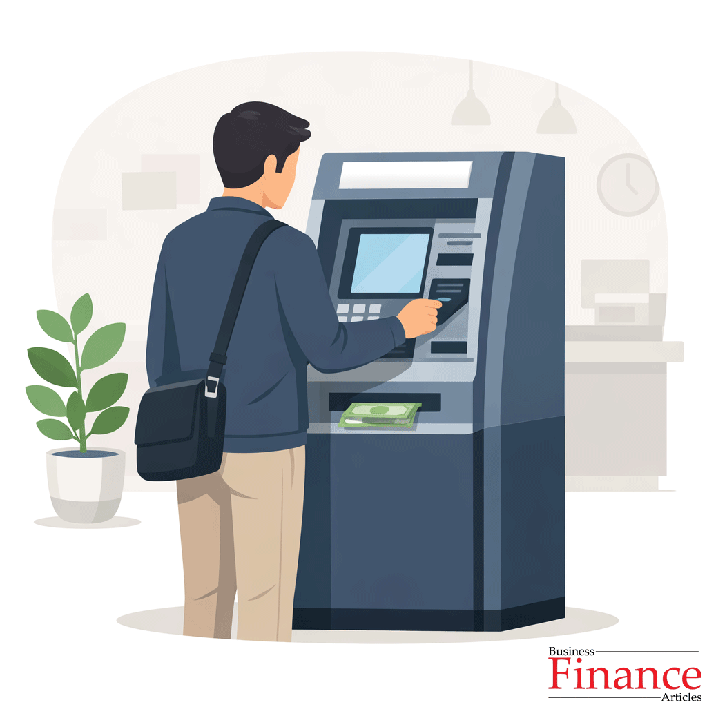 Person withdrawing cash from an ATM machine