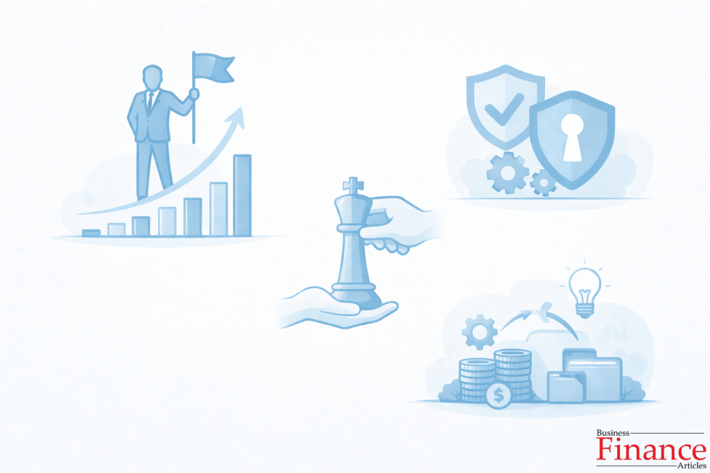 Visual representation of business advantages of a holding company such as growth, control, and risk separation