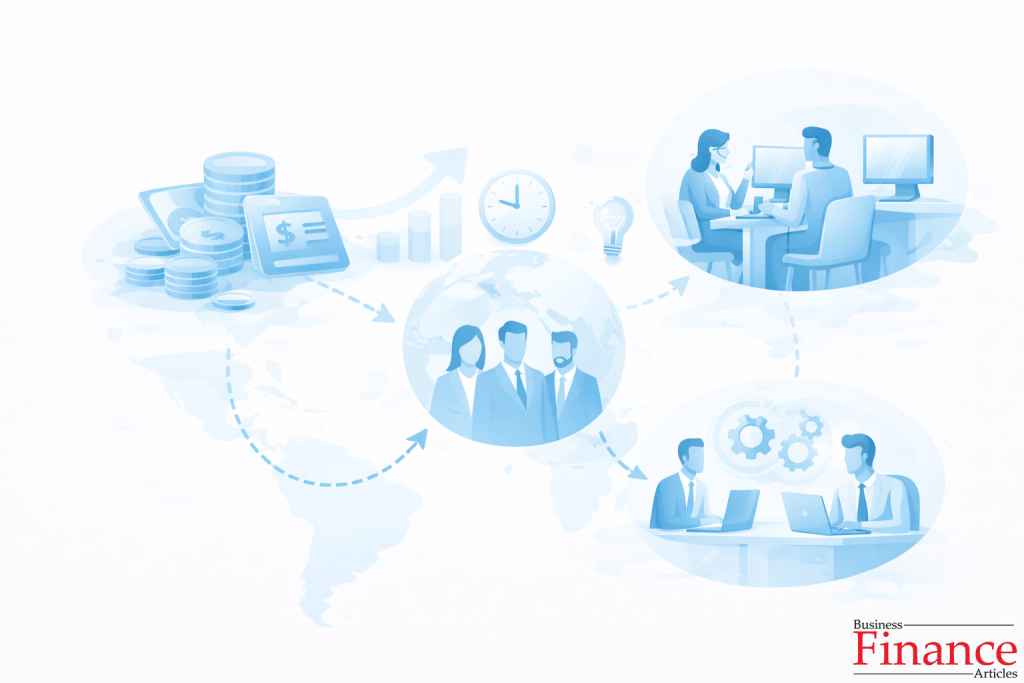 Illustration showing advantages of offshoring such as cost savings, global talent, and productivity