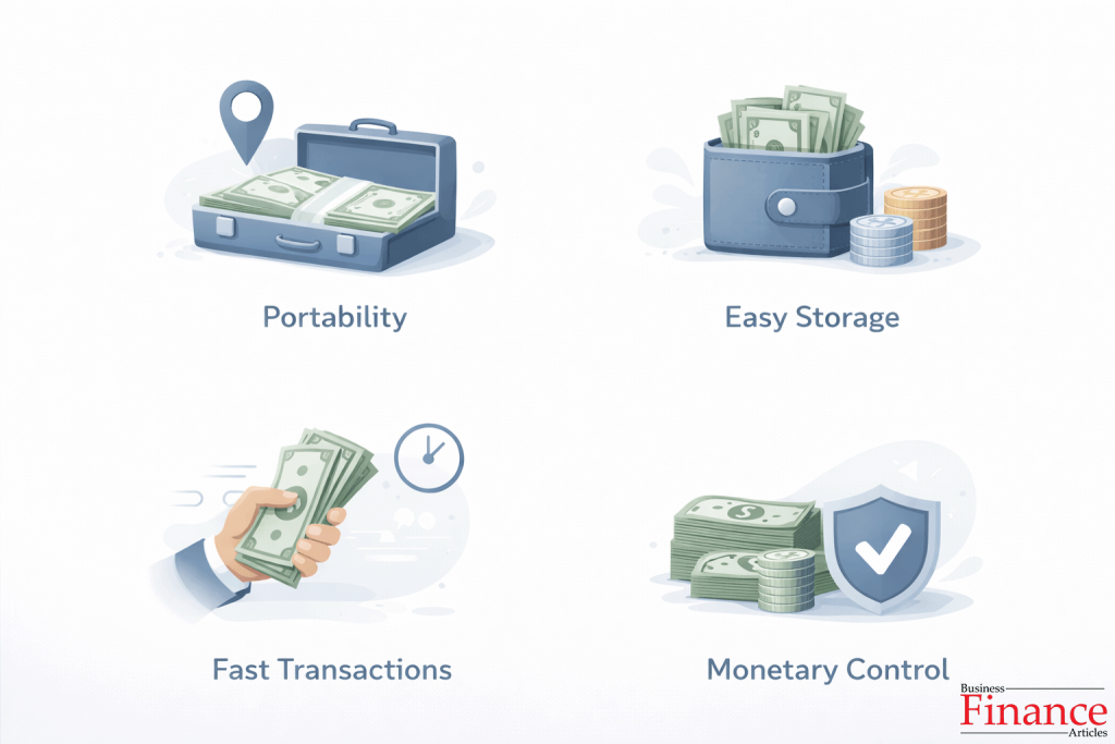 Conceptual illustration showing advantages of paper money such as portability, easy storage, fast transactions, and monetary control