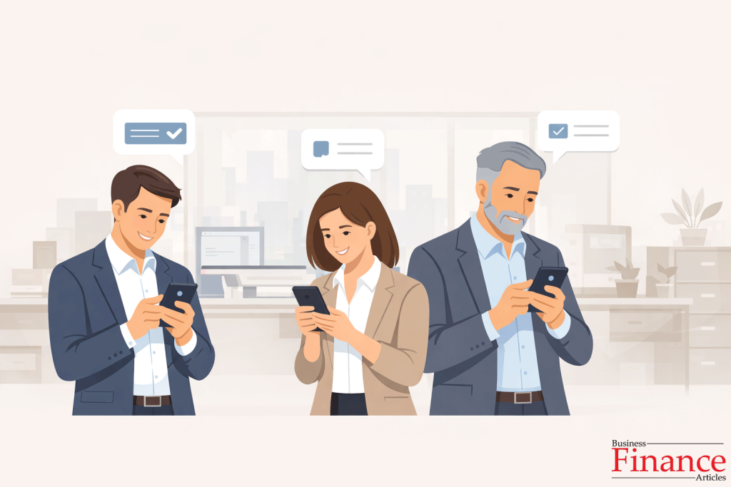 Business decision-makers and managers receiving SMS messages in an office environment