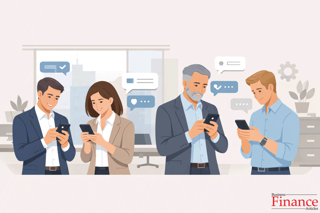 B2B professionals communicating via SMS on mobile phones in a business environment