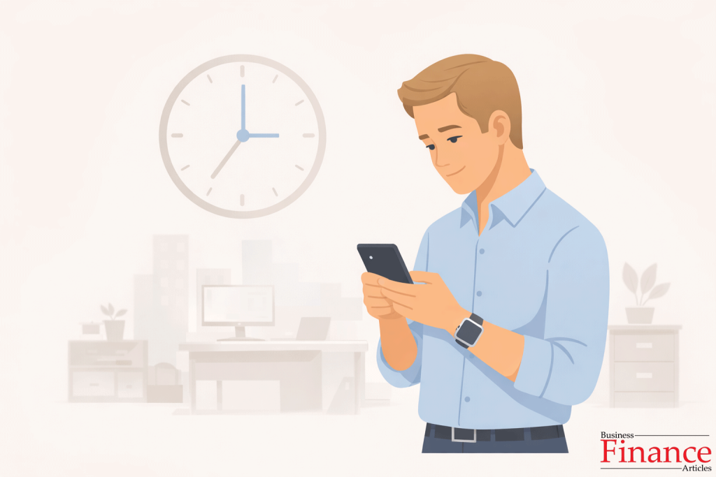 Business professional checking phone during work hours illustrating best time for B2B SMS marketing