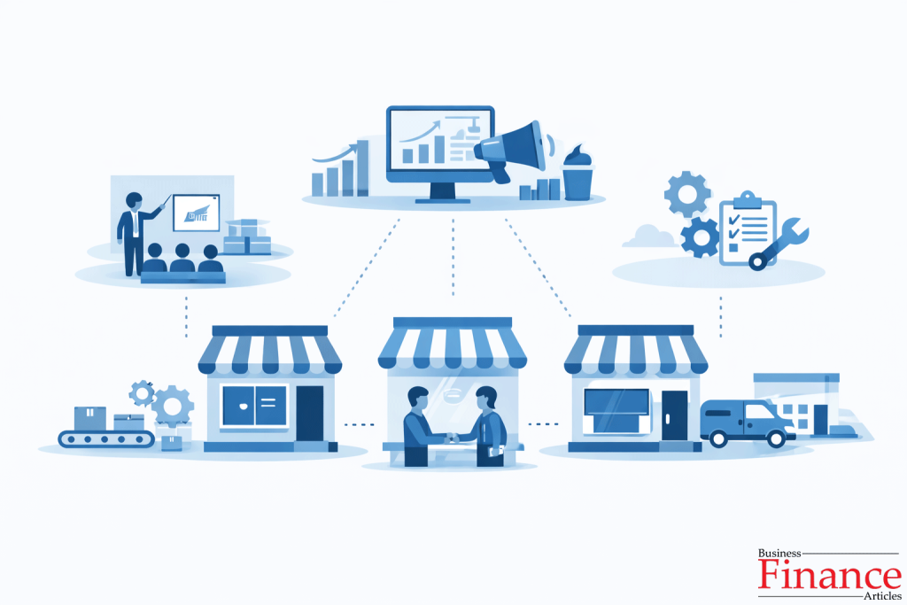 Business format franchising with standardized operations and brand systems