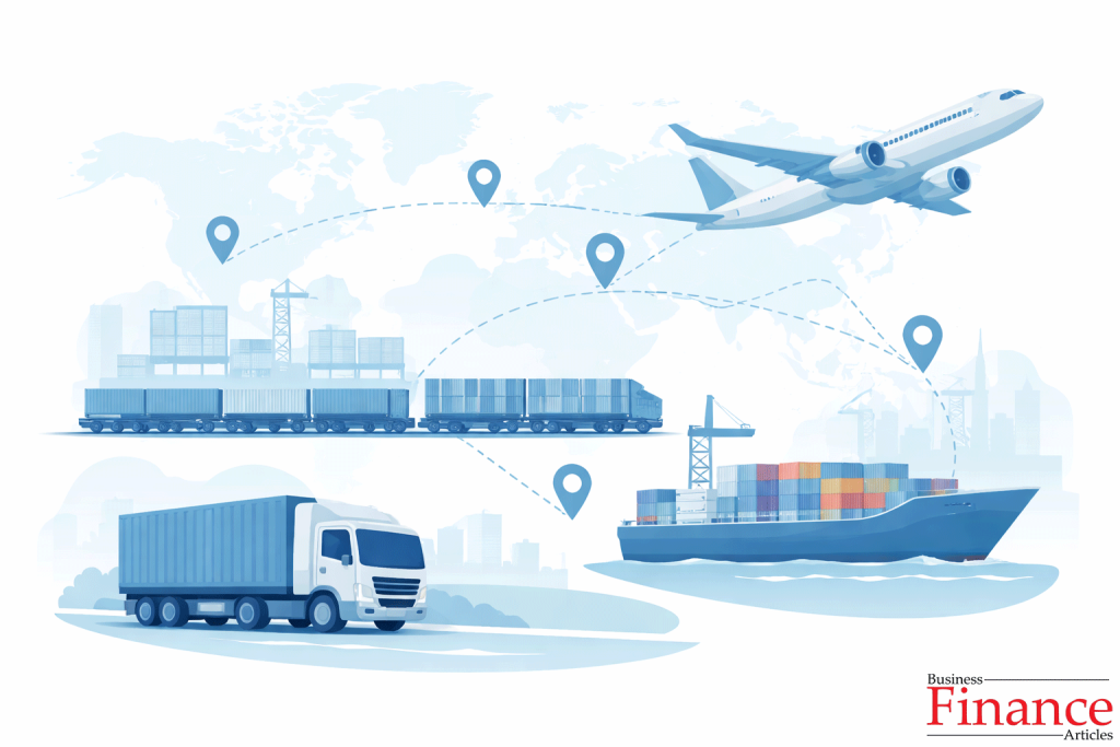 Business transportation and logistics network showing trucks, ships, trains, and airplanes connected through supply routes