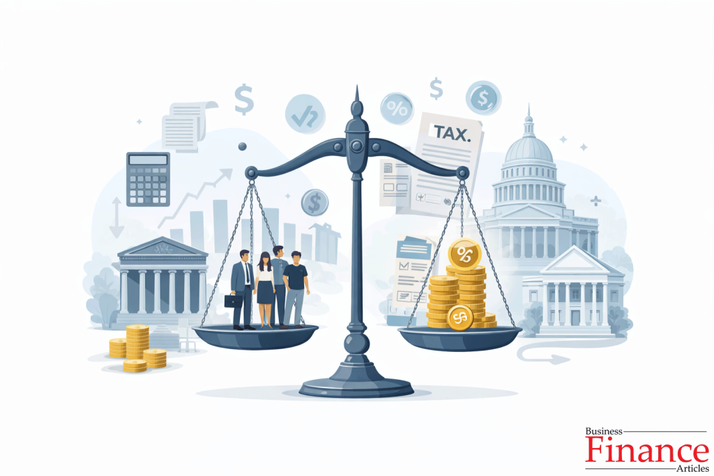 Conceptual illustration representing the canon of taxation with balanced scales, government buildings, citizens, and tax symbols