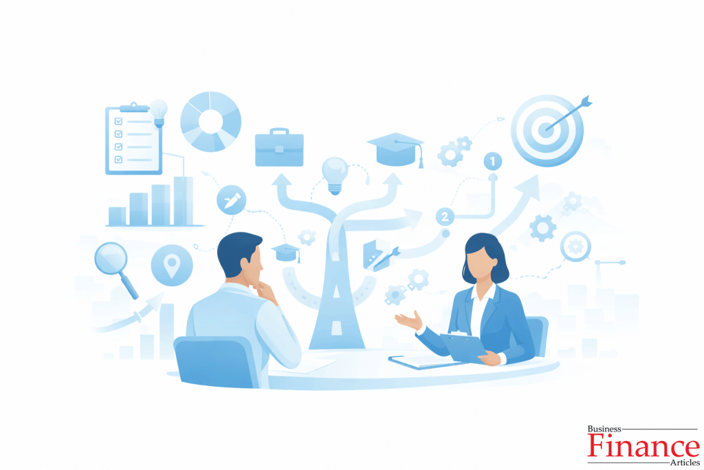 Flat vector illustration showing the concept of career counselling, with an individual reviewing career options using guidance symbols, charts, and pathways in a professional setting.