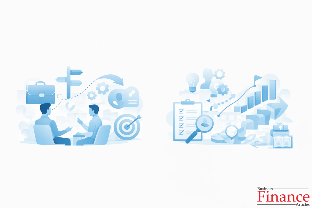 Flat vector illustration showing the career planning process, including goal setting, skill assessment, education paths, and long-term career growth