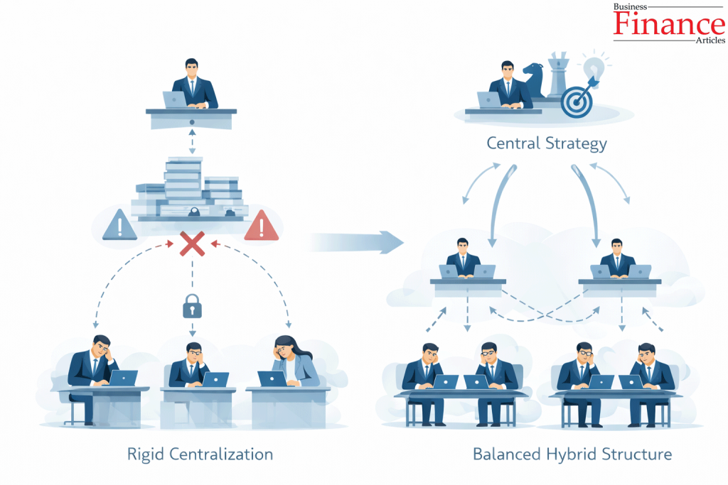 Business illustration showing transition from rigid centralization to a balanced hybrid structure with centralized strategy and decentralized execution