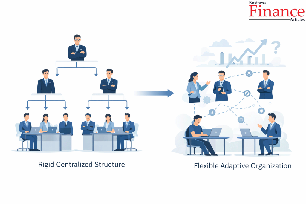 •	Comparative illustration showing rigid centralized organization versus flexible adaptive structure with changing authority levels