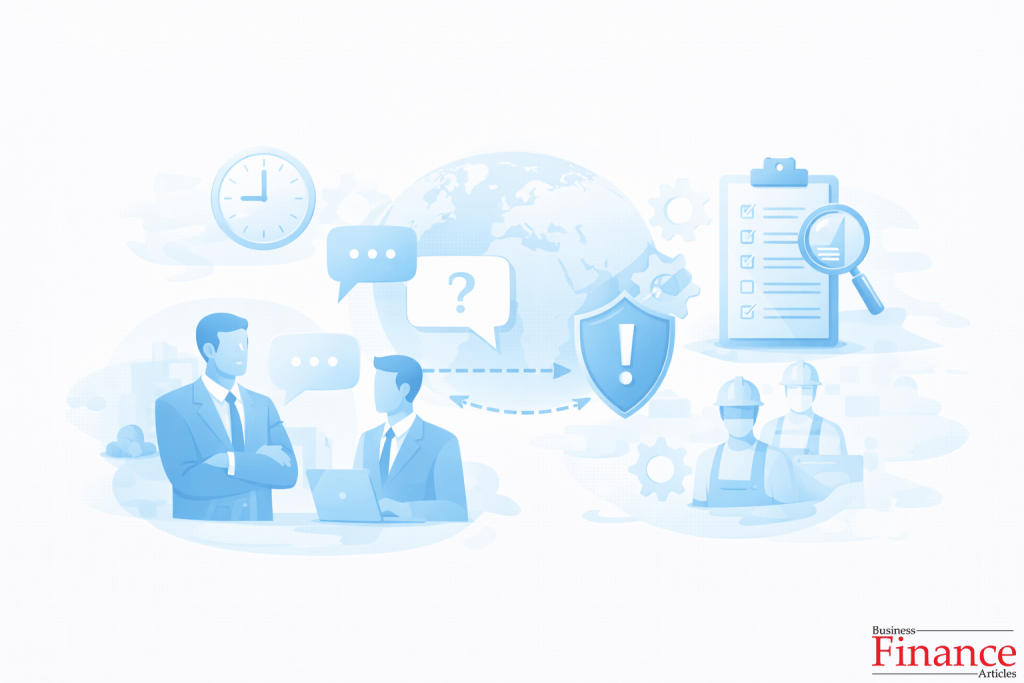 Illustration showing challenges of offshoring including communication gaps, time differences, and quality risks