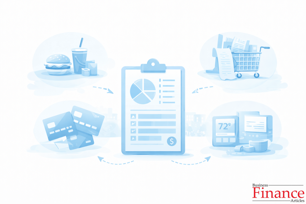 Flat illustration showing typical spending habits such as dining out, shopping, utilities, and credit card use within a personal budget