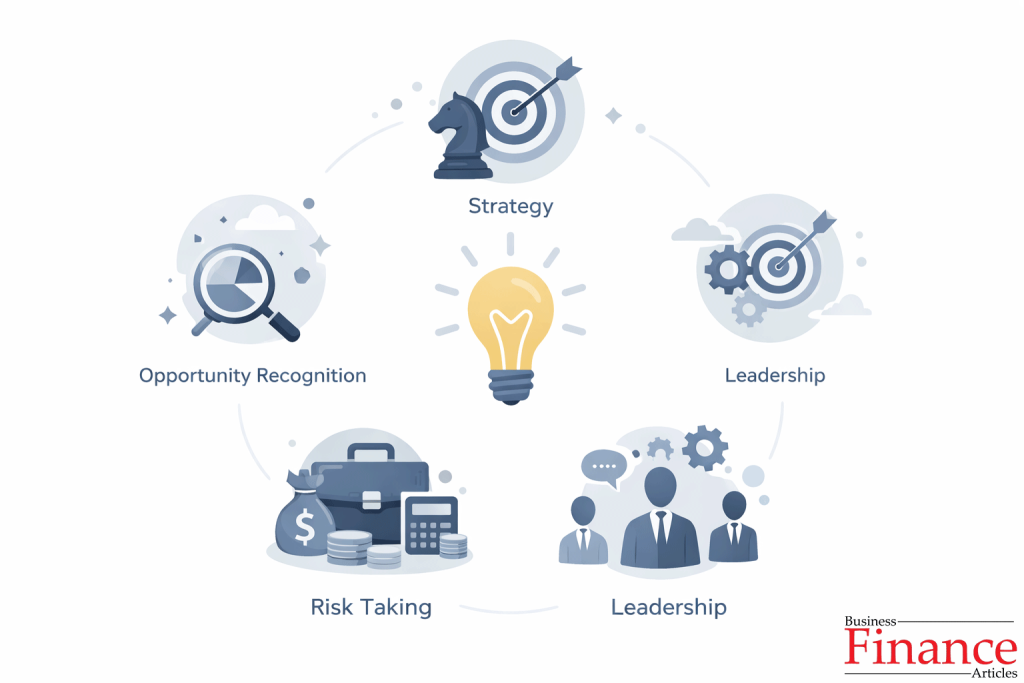 Educational illustration showing core entrepreneurial skills including opportunity recognition, strategy, leadership, risk-taking, and financial management