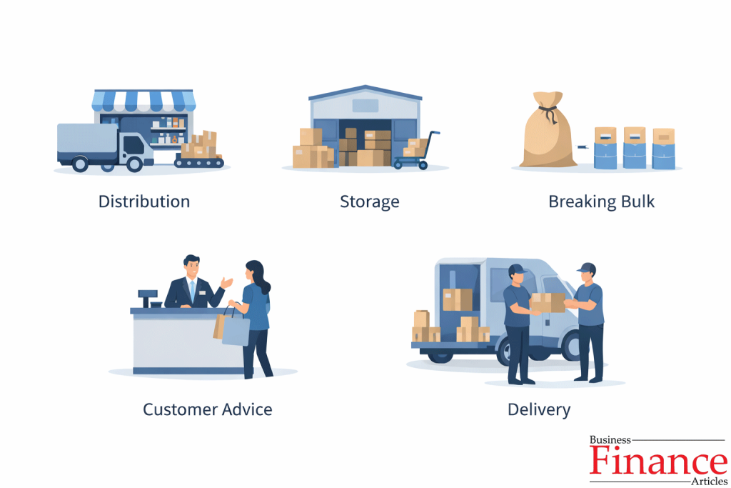 •	Educational illustration showing core functions of a retailer including distribution, storage, breaking bulk, customer advice, and delivery