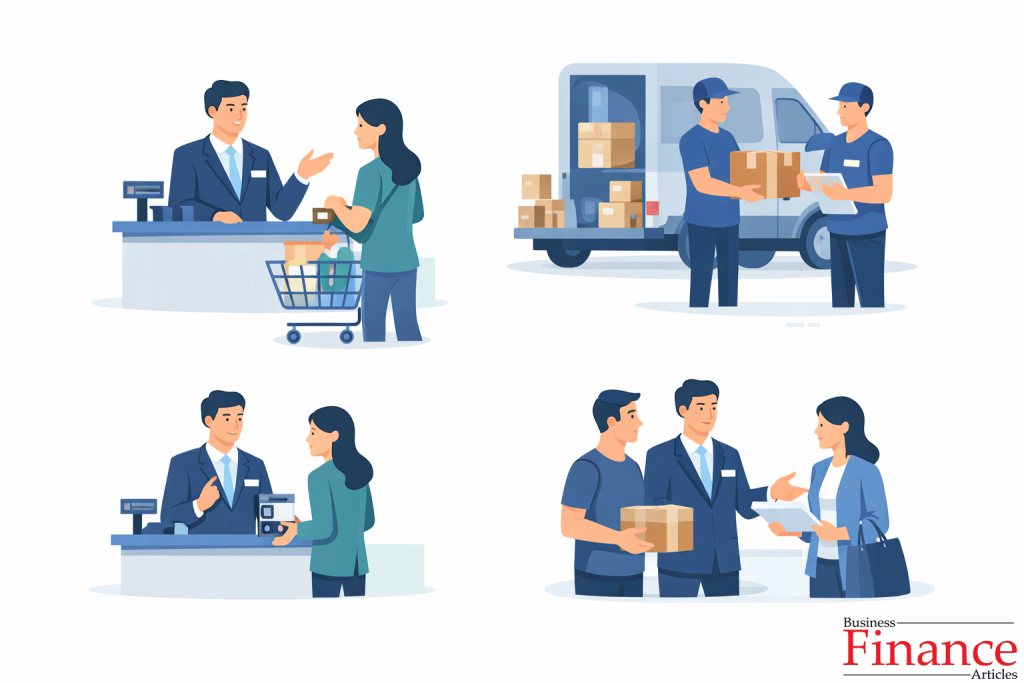 •	Illustration showing a retailer providing customer advice, delivery service, product guidance, and after-sales support