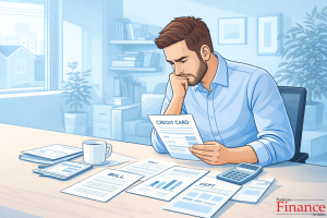 Individual reviewing bills and credit card statements showing financial stress related to debt management