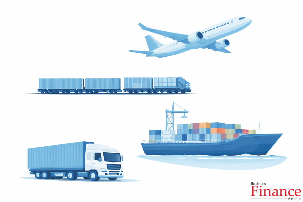 Different business transportation modes including road, rail, water, and air transport illustrated separately
