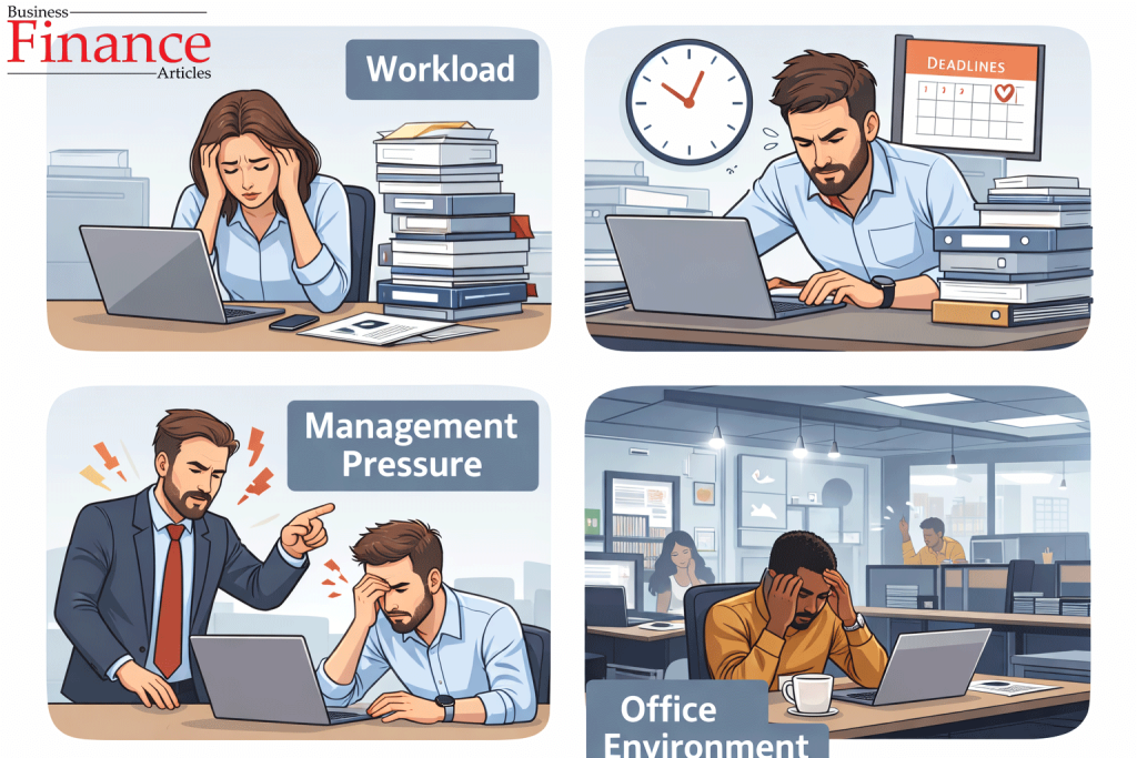 Illustration showing workload, deadlines, management pressure, and office environment stress factors