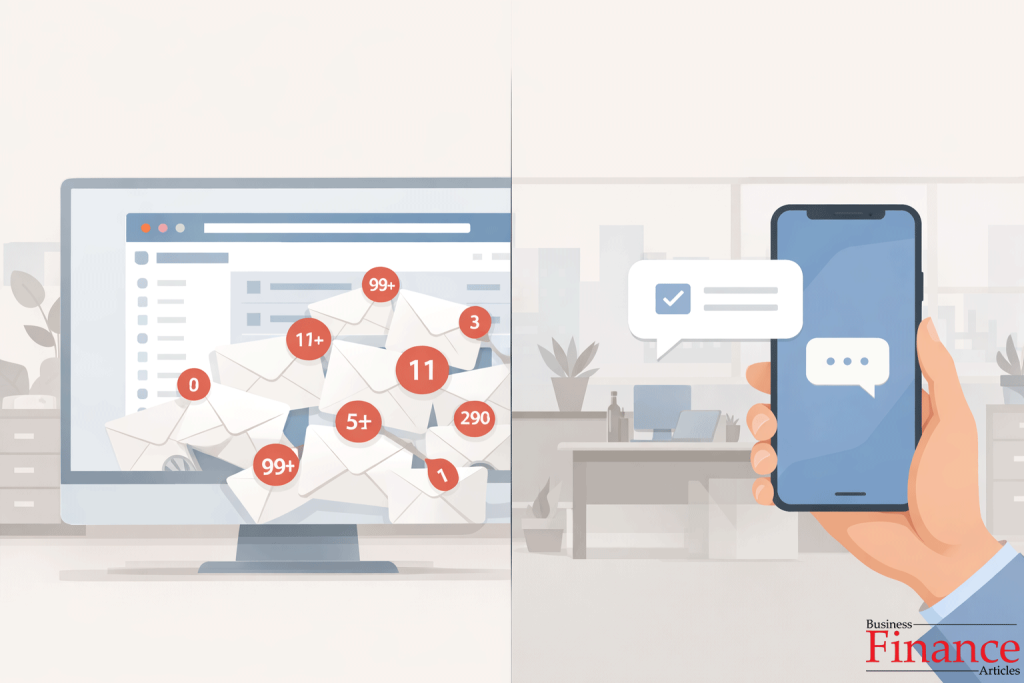 Comparison of cluttered email inbox versus SMS notification for B2B communication