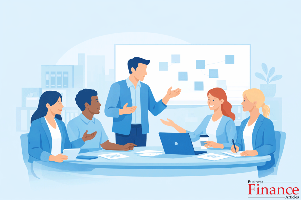 Employees collaborating and sharing ideas in a supportive workplace environment