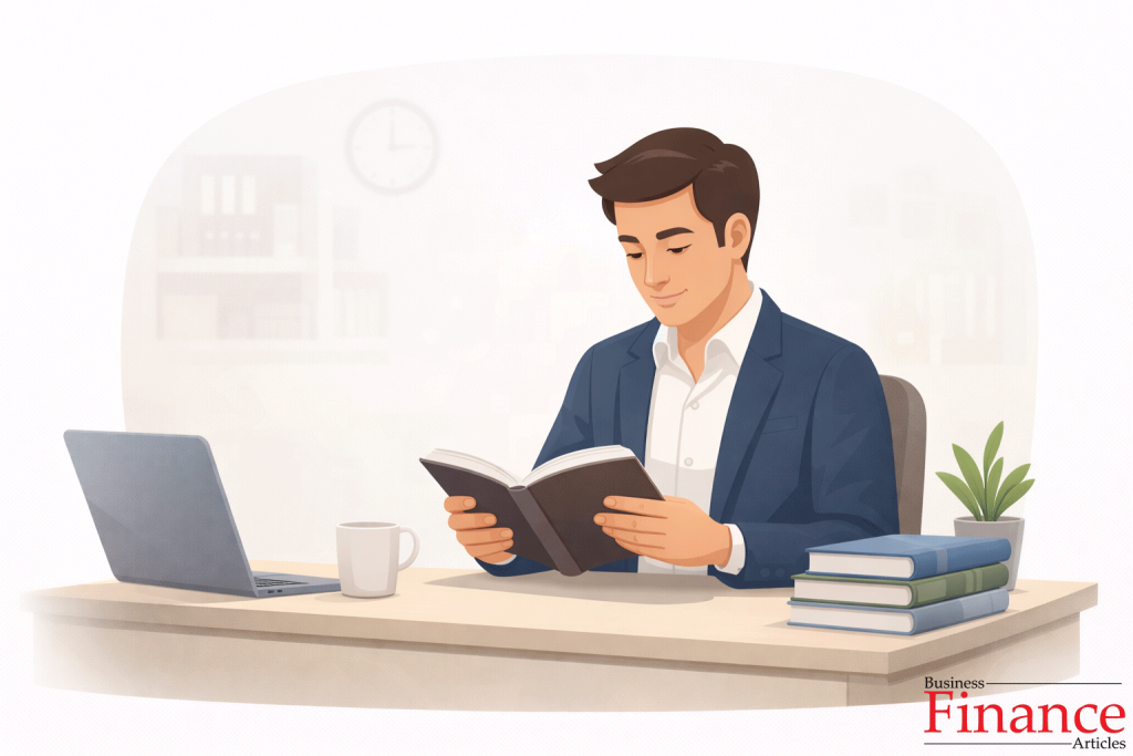 Entrepreneur reading a book at a desk