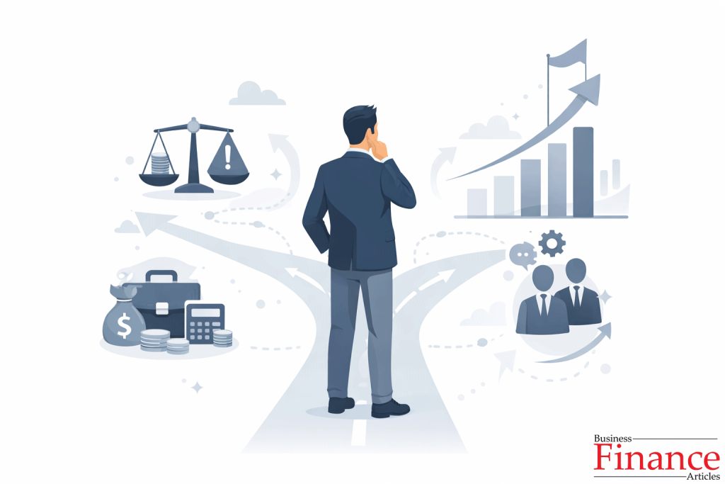 Business illustration showing an entrepreneur making strategic decisions involving risk, adaptability, leadership, and long-term growth