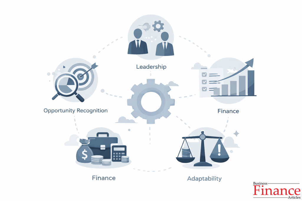 Conceptual illustration showing key skill development areas for entrepreneurs such as market research, leadership, finance, planning, and adaptability