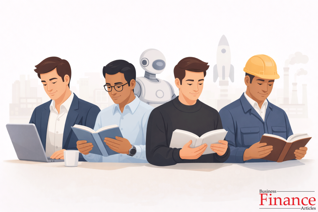 Entrepreneurs from different industries reading books
