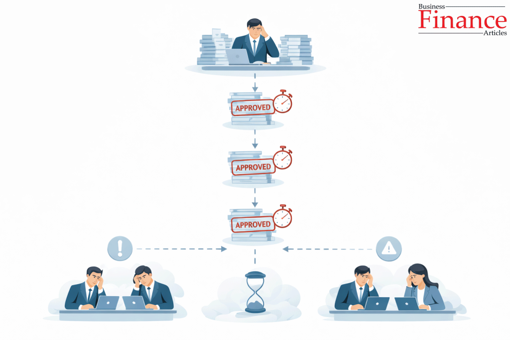 Illustration showing excessive bureaucracy in a centralized organization with stacked approvals, slow decision-making, and frustrated employees