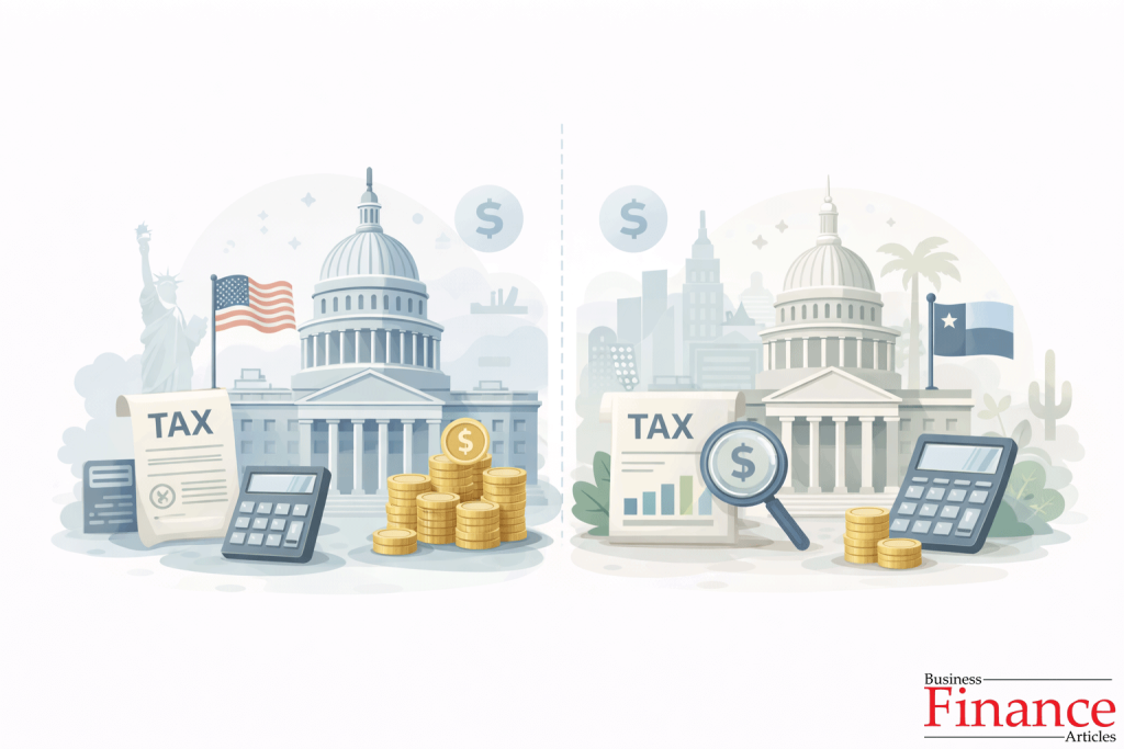 Comparative illustration of federal and state taxation in the United States showing government buildings and tax documents