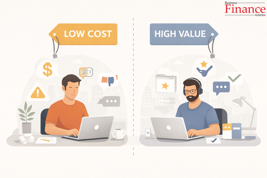 Comparison of low-cost vs high-quality freelance work and pricing value
