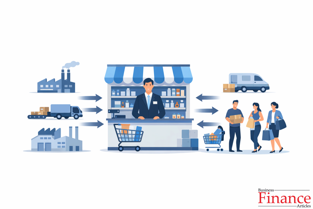 • Illustration showing a retailer as the central link between manufacturers and consumers in the distribution system